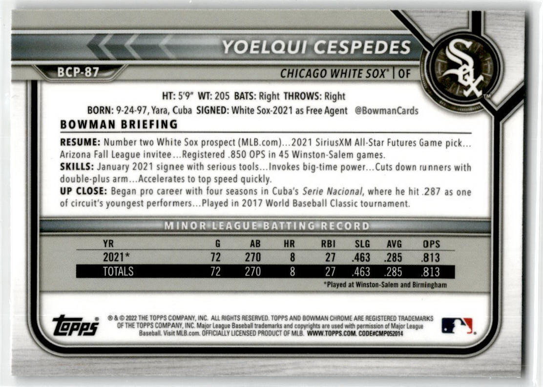 2022 Bowman Chrome Mojo Refractor. #BCP-87 Yoelqui Cespedes Chicago White Sox