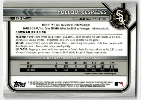 2022 Bowman Chrome Mojo Refractor. #BCP-87 Yoelqui Cespedes Chicago White Sox