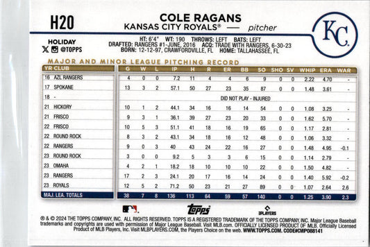 2024 Topps Holliday Blue Foil #H20 Cole Ragans
