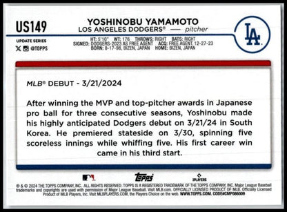 2024 Topps Update #US149 Yoshinobu Yamamoto Los Angeles Dodgers