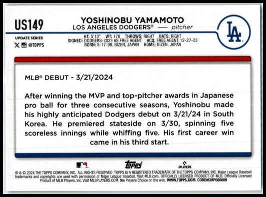 2024 Topps Update #US149 Yoshinobu Yamamoto Los Angeles Dodgers
