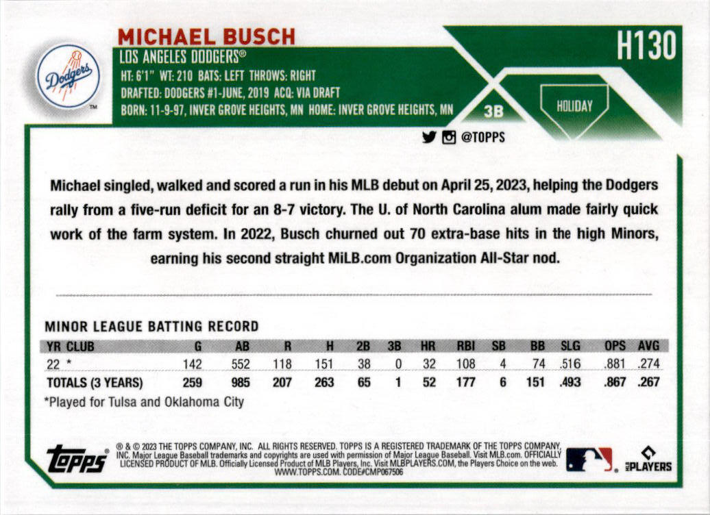 2023 Topps Holiday Metallic #H130 Michael Busch Los Angeles Dodgers