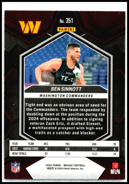 2024 Panini Zenith #107 Ben Sinnott Rookie Washington Commanders