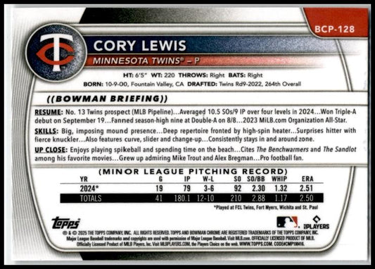 2025 Bowman Chrome #BCP-128 Cory Lewis Twins