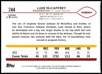 2024 Topps Chrome #244 Luke McCaffrey Rookie Washington Commanders