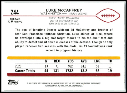 2024 Topps Chrome #244 Luke McCaffrey Rookie Washington Commanders