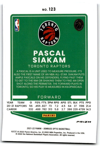 2021-22 Donruss Optic Blue Velocity Prizm Pascal Siakam Toronto Raptors #123