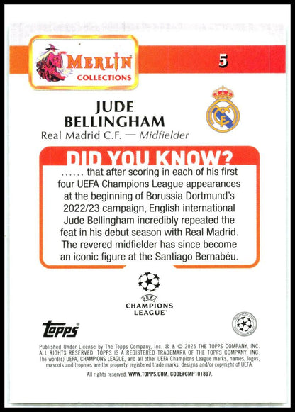 2024-25 Merlin UEFA Club Vintage Merlin Refractor #5 Jude Bellingham Real Madrid