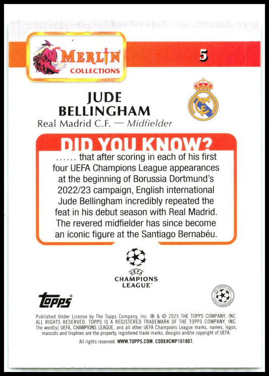 2024-25 Merlin UEFA Club Vintage Merlin Refractor #5 Jude Bellingham Real Madrid
