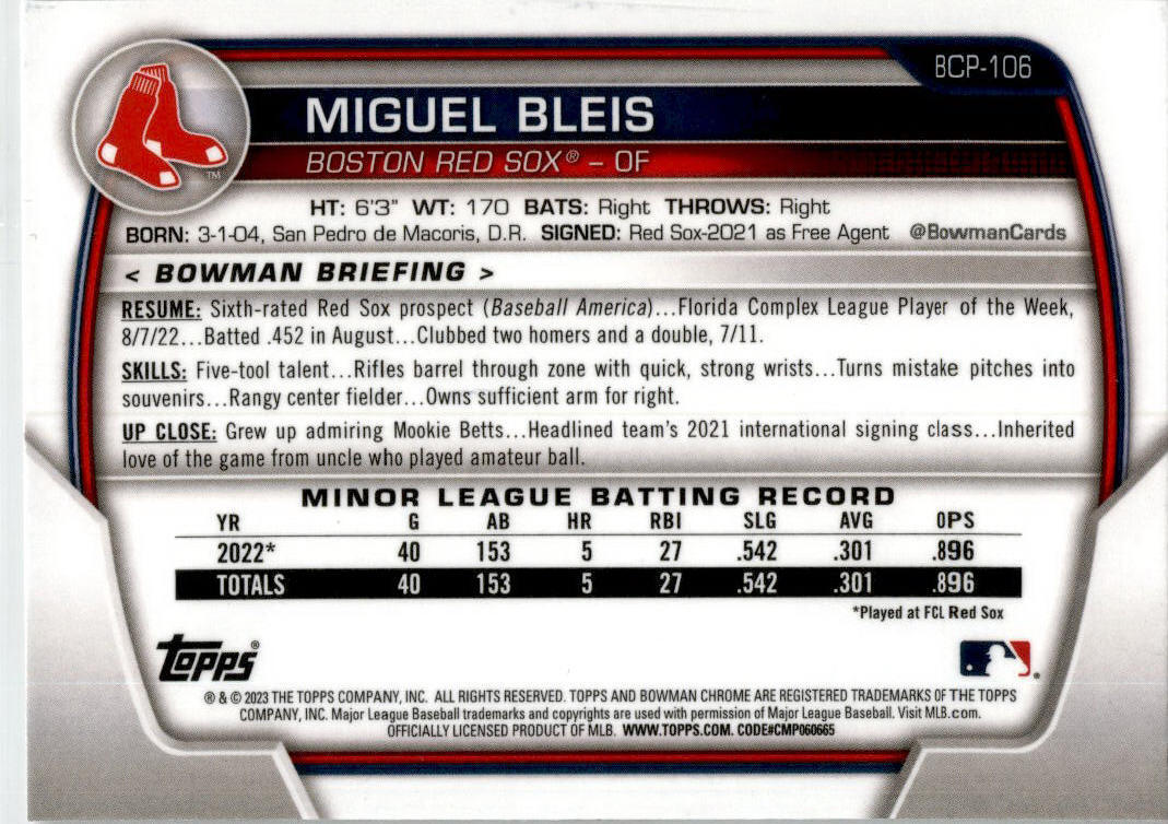 2023 Bowman Chrome #BCP-106 Miguel Bleis Boston Red Sox.