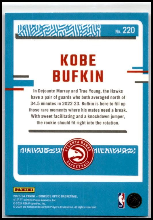 2023-24 Donruss Optic #220 Kobe Bufkin Rookie Atlanta Hawks
