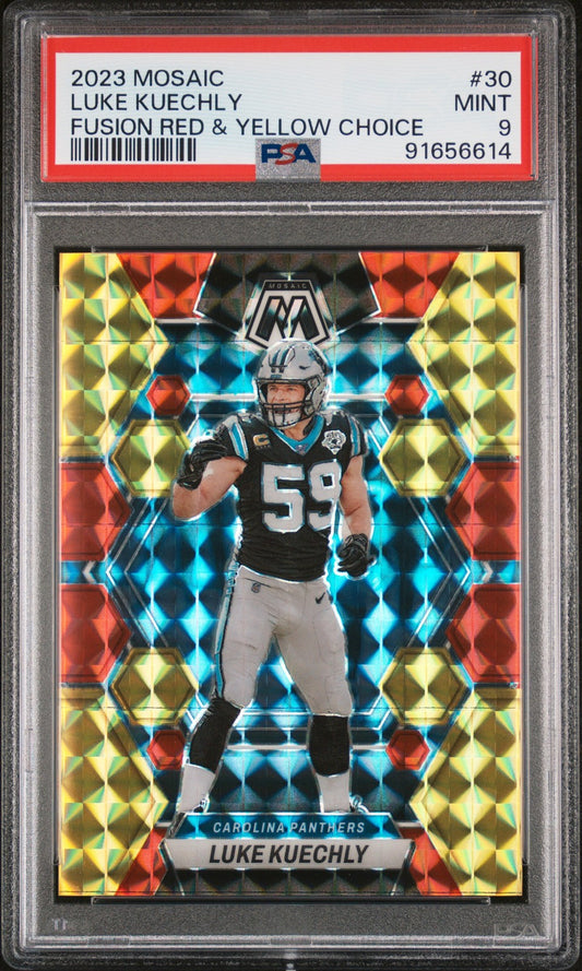 2023 Panini Mosaic Fusion Red & Yellow Choice #30 Luke Kuechly /80 PSA 9 Mint