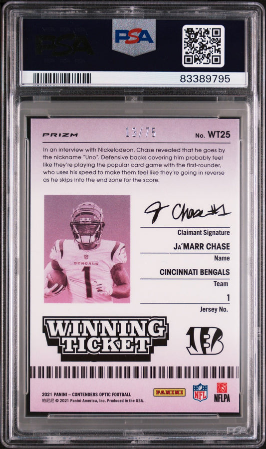 2021 Contenders Optic Winning Tickets -Pink #WT25 Ja’marr Chase /75 PSA 10