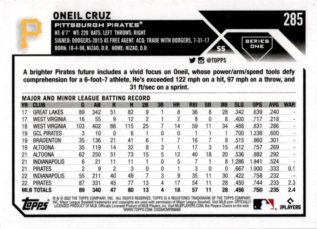 2023 Topps #285 Oneil Cruz Pittsburgh Pirates