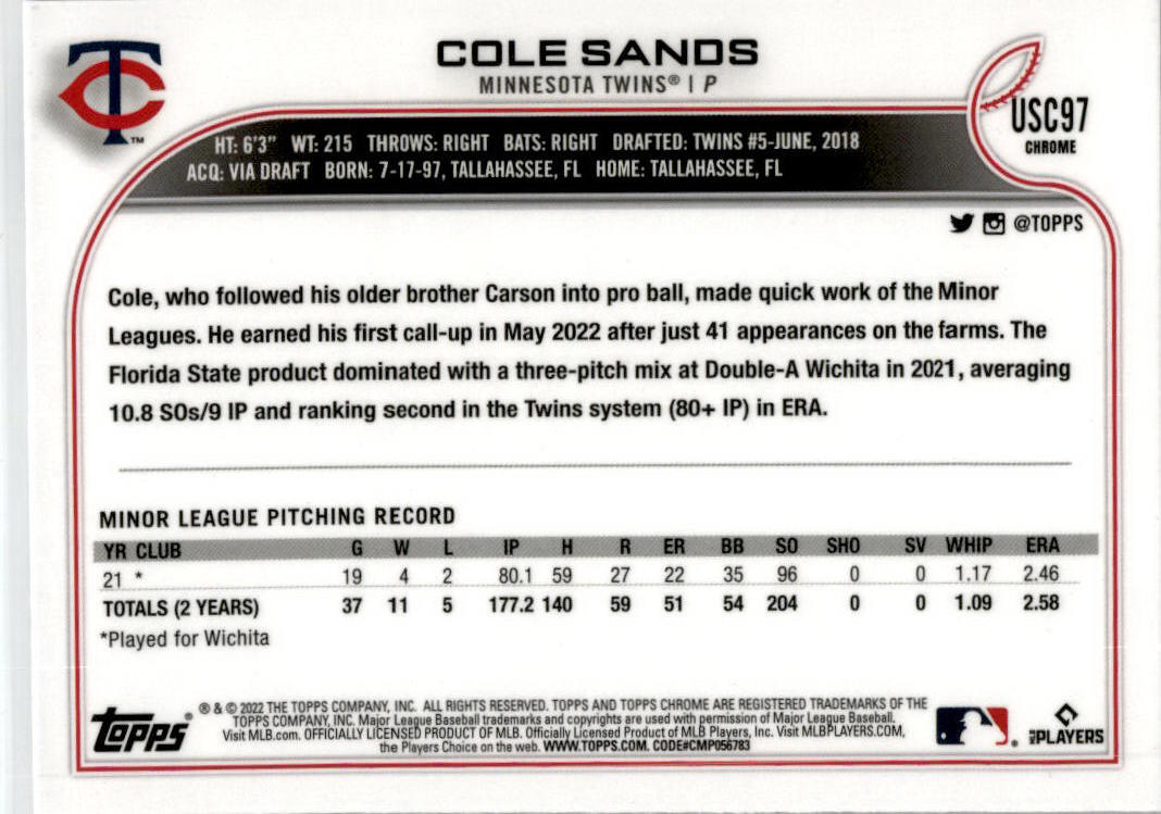 2022 Topps Chrome Update Purple Refractor #USC97 Cole Sands Minnesota Twins