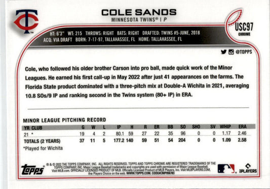 2022 Topps Chrome Update Purple Refractor #USC97 Cole Sands Minnesota Twins
