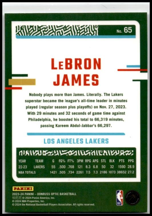 2023-24 Donruss Optic #65 LeBron James Los Angeles Lakers