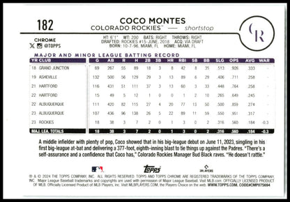 2024 Topps Chrome #182 Coco Montes Rookie Colorado Rockies