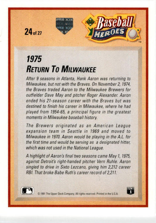 1991 Upper Deck Baseball Heroes: Hank Aaron #24 Hank Aaron Milwaukee Brewers