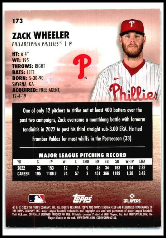 2023 Stadium Club #173 Zack Wheeler Philadelphia Phillies