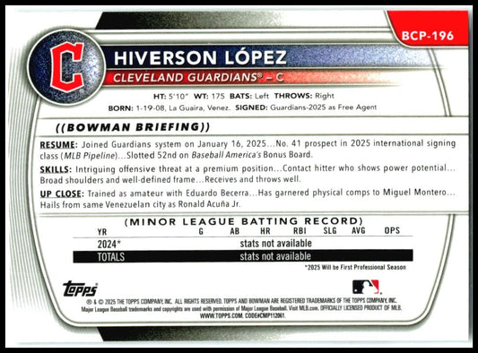 2025 Bowman Chrome # Hiverson Lopez Cleveland