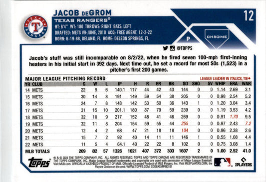 2023 Topps Chrome Sepia Refractor #12 Jacob deGrom Texas Rangers