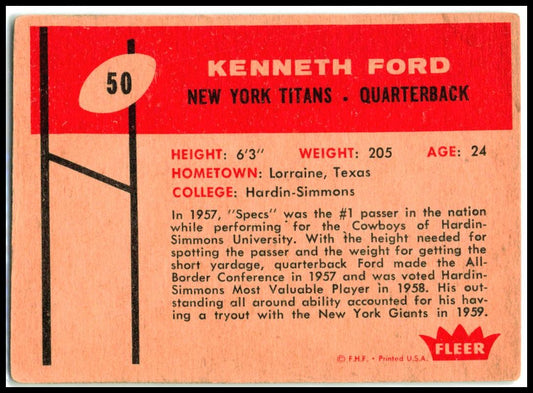 1960 Fleer #50 Kenneth Ford Rookie New York Titans
