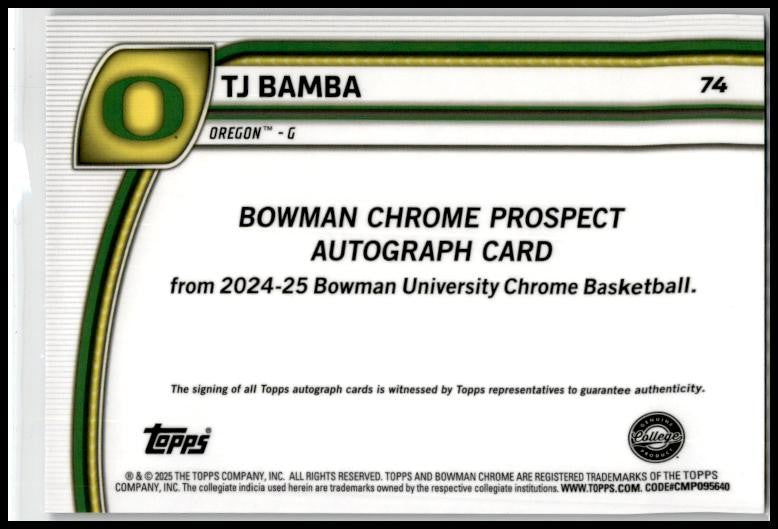 2024-25 Bowman University Chrome Black and Blue Stealth #74 TJ Bamba Auto Ducks
