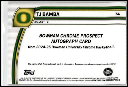 2024-25 Bowman University Chrome Black and Blue Stealth #74 TJ Bamba Auto Ducks