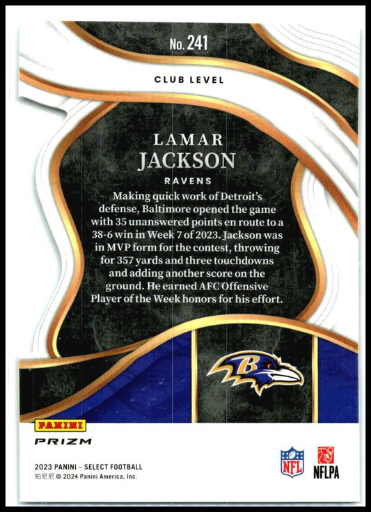 2023 Panini Select Green and Yellow Prizms Die Cuts #241 Lamar Jackson Ravens