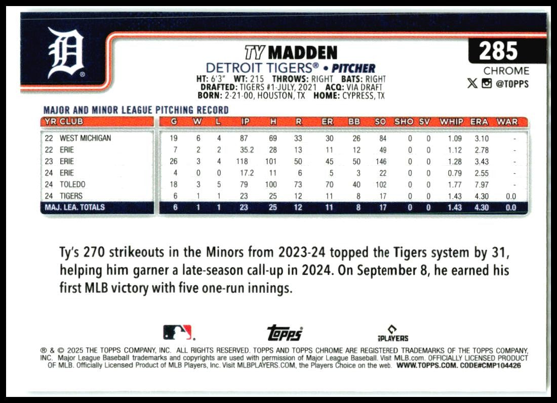 2025 Topps Chrome Logofractor #285 Ty Madden Rookie Detroit Tigers