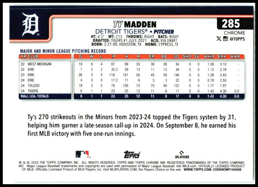 2025 Topps Chrome Logofractor #285 Ty Madden Rookie Detroit Tigers