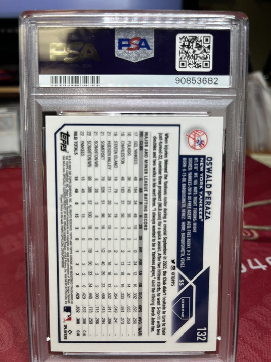 2023 Topps Chrome Logofractor Edition Yellow #132 Oswald Peraza RC /75 PSA 10