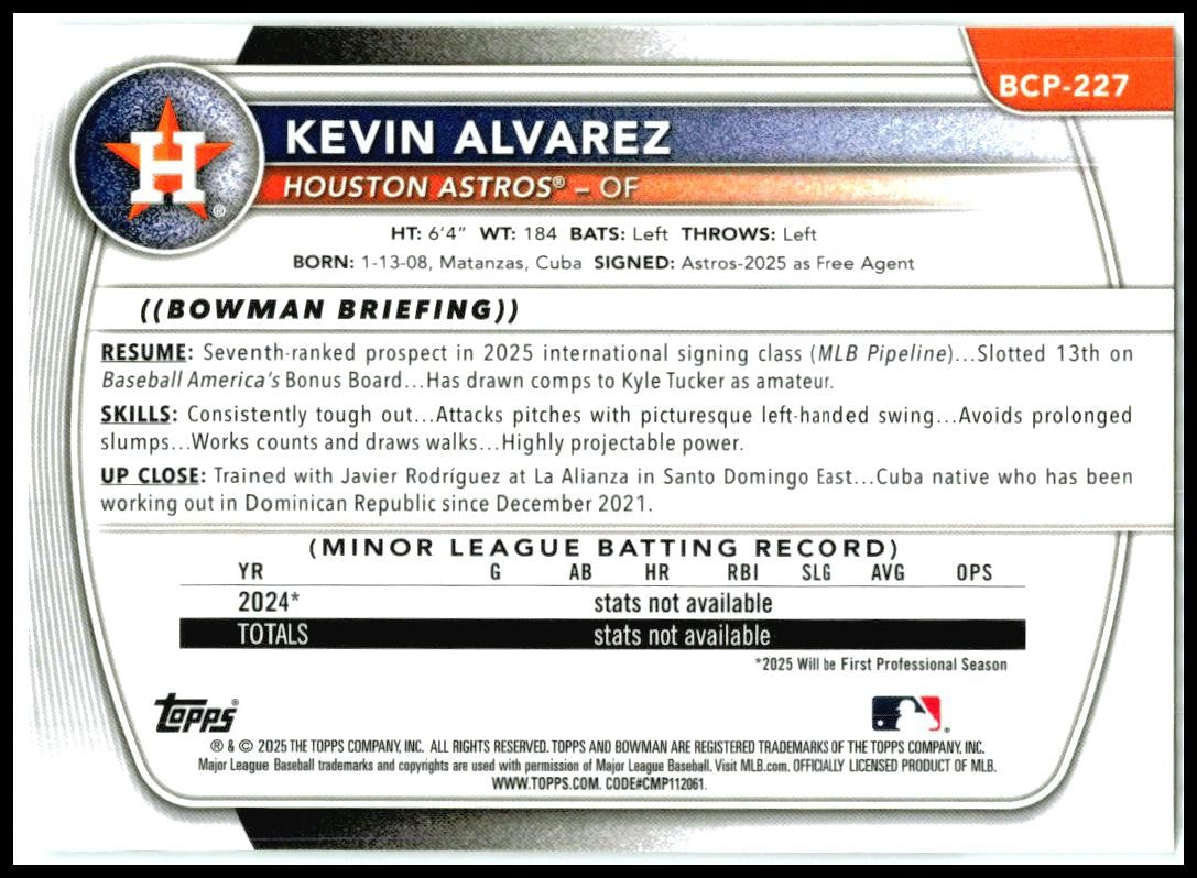 2025 Bowman Chrome Laser Refractor #BCP-227 Kevin Alvarez Houston Astros