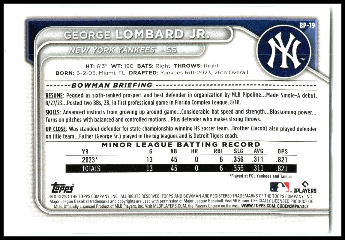 2024 Bowman Prospects #BP-79 George Lombard Jr. New York Yankees