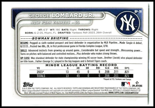 2024 Bowman Prospects #BP-79 George Lombard Jr. New York Yankees