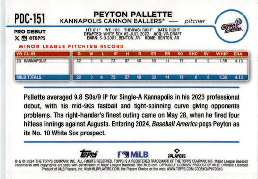 2024 Topps Chrome Pro Debut #PDC-151 Peyton Pallette Chicago White Sox