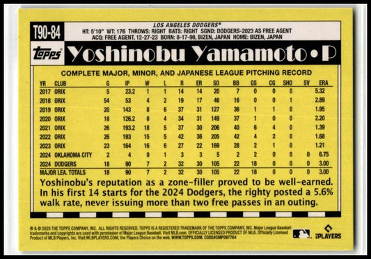 2025 Topps 1990 Topps 35th Anniversary #T90-84 Yoshinobu Yamamoto Dodgers
