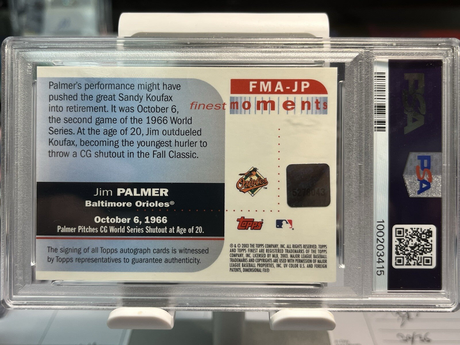 2003 Topps Finest Moments #FMA-JP Jim Palmer Auto PSA 9 Mint Autograph Card