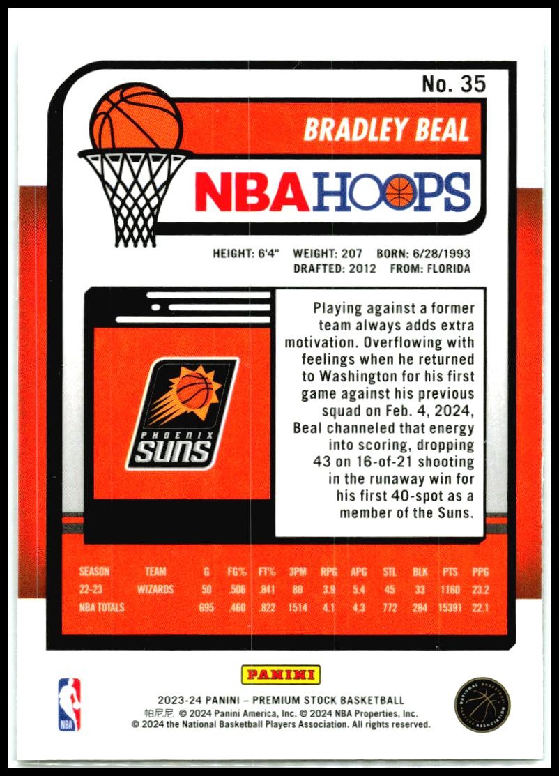 2023-24 Hoops Premium Stock #35 Bradley Beal Phoenix Suns