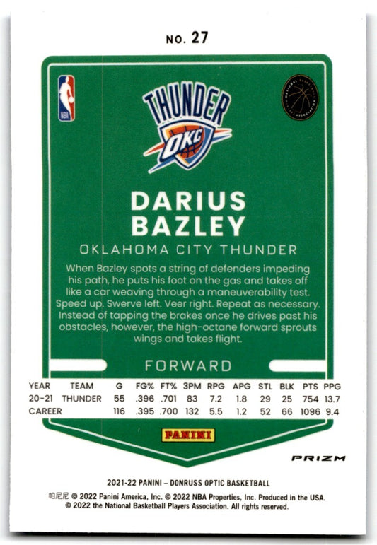 2021-22 Donruss Optic  Blue Velocity Darius Bazley Oklahoma City Thunder #27