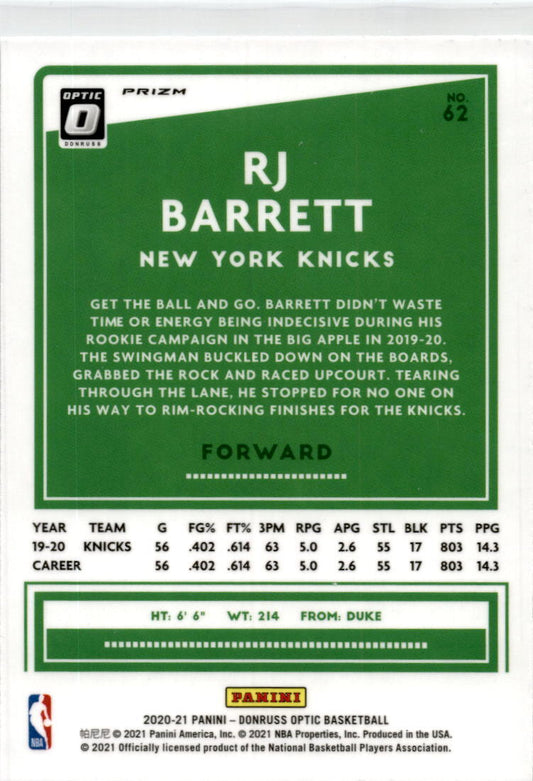 2020-21 Donruss Optic Holo #62 RJ Barrett New York Knicks