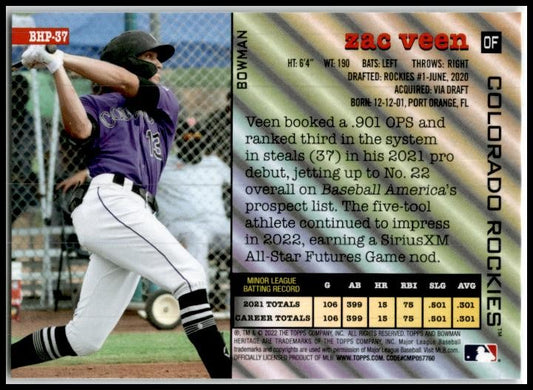 2022 Bowman Heritage Prospects Image Swap #BHP-37 Zac Veen Colorado Rockies
