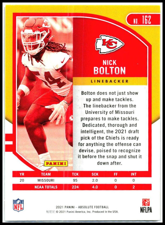 2021 Panini Absolute #162 Nick Bolton Kansas City Chiefs