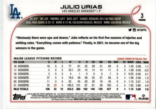 2022 Topps Chrome Raywave Refractor #3 Julio Urias Los Angeles Dodgers