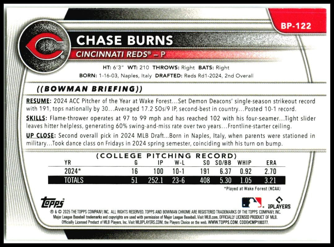 2025 Bowman Gold Refractor #BP-122 Chase Burns Auto /50 Reds