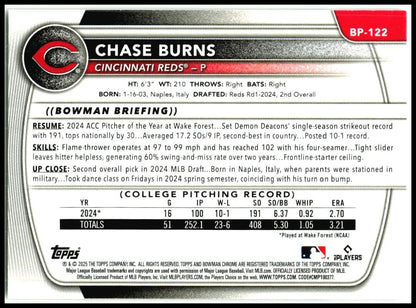 2025 Bowman Gold Refractor #BP-122 Chase Burns Auto /50 Reds