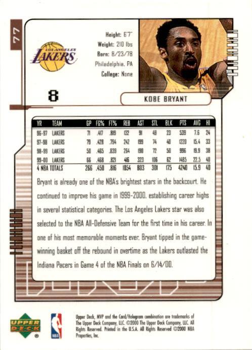 2000-01 Upper Deck MVP #77 Kobe Bryant Los Angeles Lakers