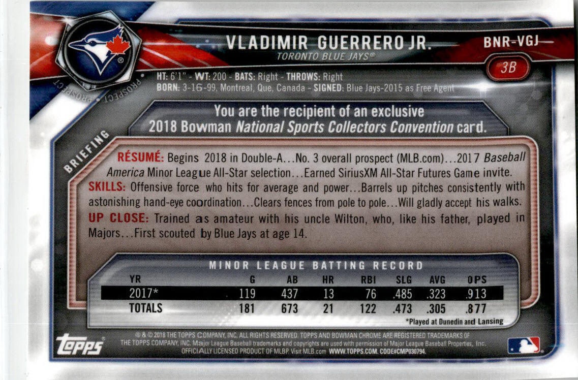 2018 Bowman Chrome National Convention Prism #BNR-VGJ Vladimir Guerrero Jr. Jays