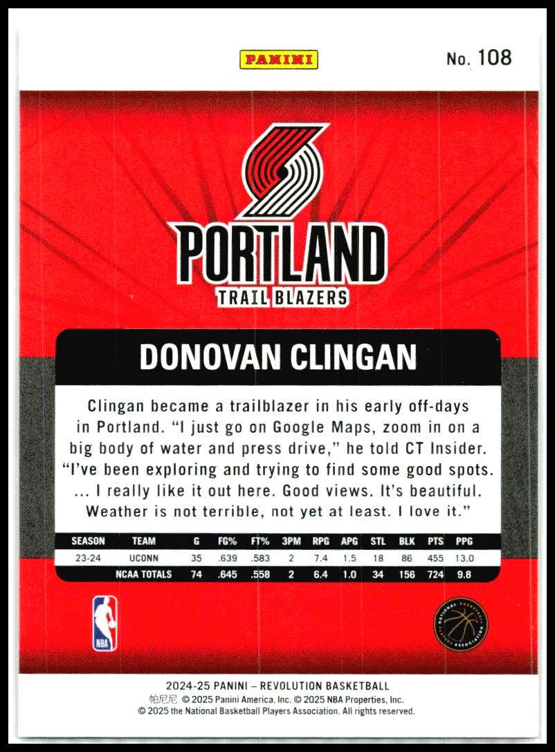 2024-25 Panini Revolution #108 Donovan Clingan Rookie Portland Trail Blazers
